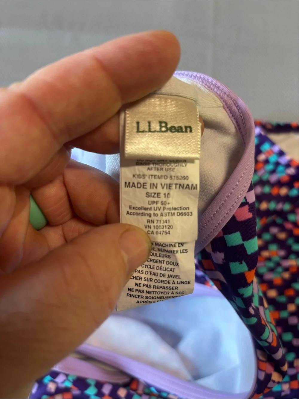 LL bean Girls One-Piece Swimsuit in Purple Geometric Print sz 10 spf 50 EUC